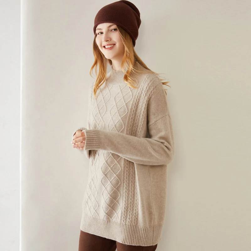 

Autumn Winter New 100%Cashmere Sweater Women Half High Neck Knit Large Size Pullovers Wool Sweater High-End Base Shirt Thick Top