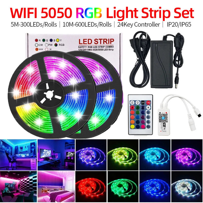 

WIFI LED strip bluetooth RGB LED light 5050 2835 flexible 5M 10M waterproof tape diode DC WIFI 24K control + adapter