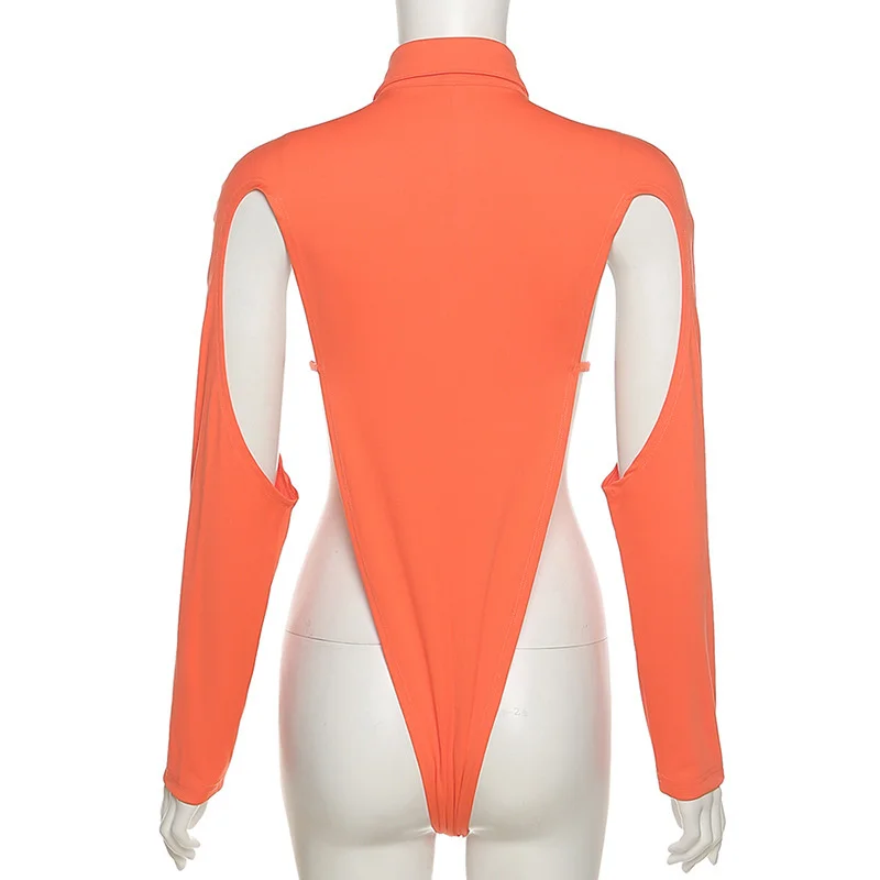 

Sexy Button Up Long Sleeve Lapel Bodysuit Solid Color Cut Out Rompers One Piece Club Party Wear Shirts Body Suit