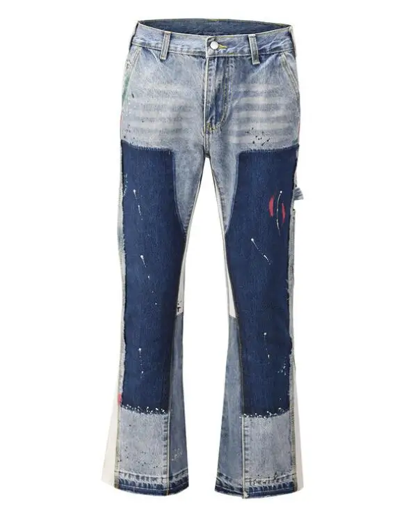 Mens Splash Ink Wash Ripped Flared Jeans Wide Leg Denim Pants Flare Jeans Retro Casual Jeans High Street Spliced Men Jeans