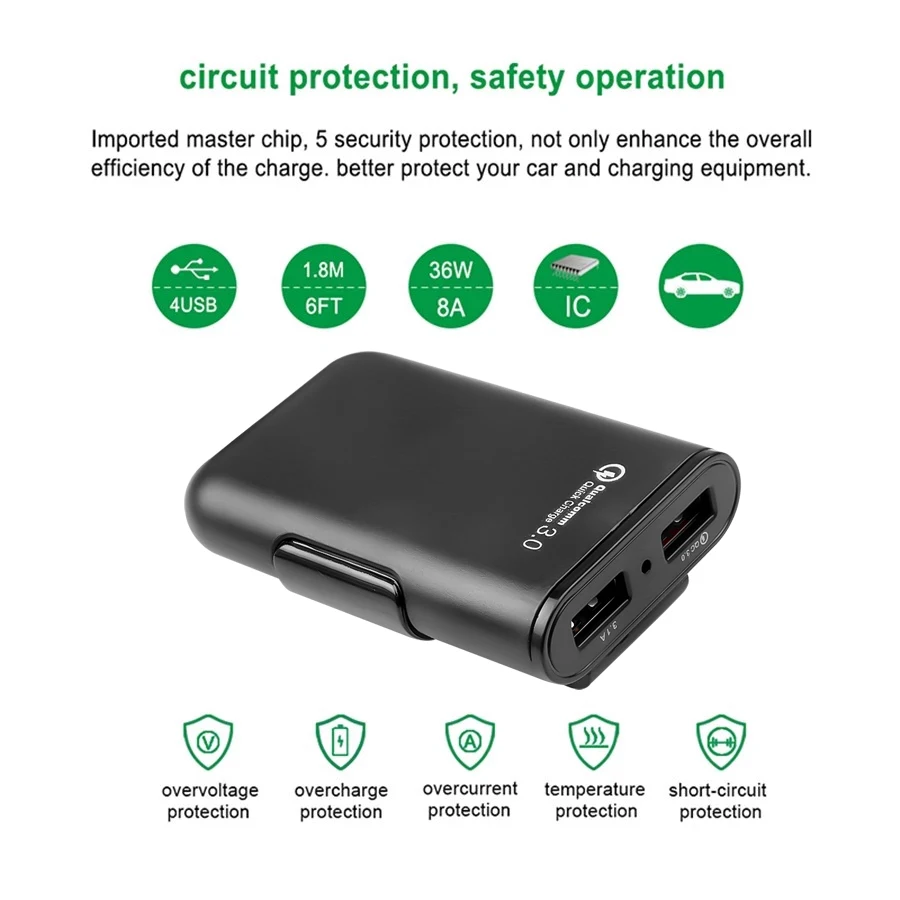 Автомобильное зарядное устройство с 4 USB-портами быстрая зарядка QC3.0 футов