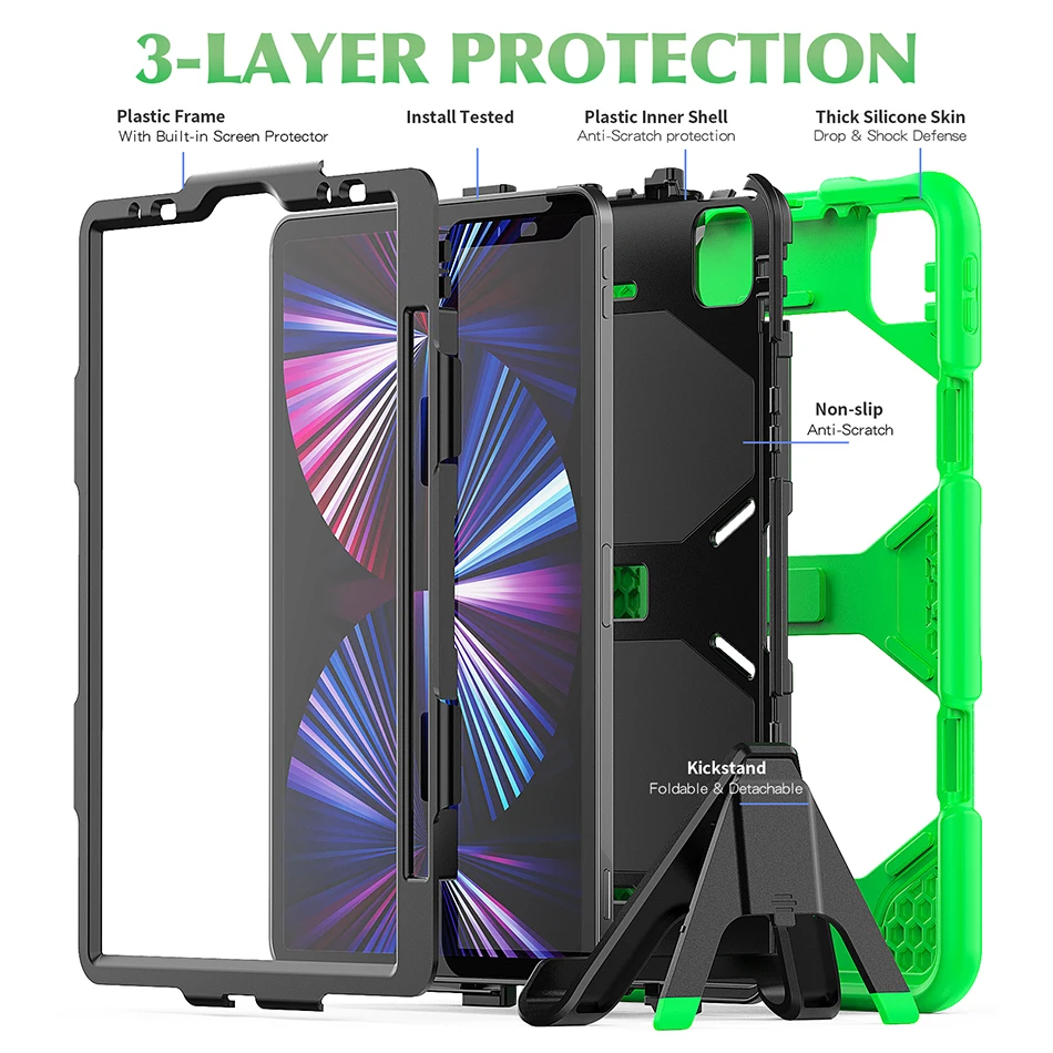 Three Layers Protective Silicone Case with Pencil Slot Funda Stand for iPad Air 4 Pro 11 Shokcproof Cover 2021 2018 2020 |