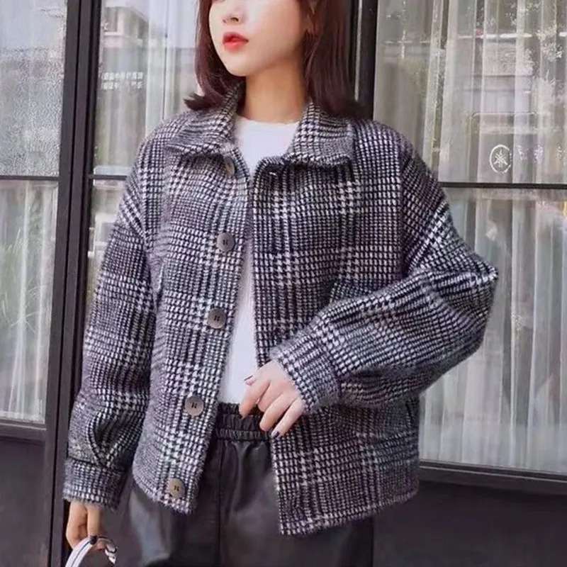 

Blended Woolen Women's Coat Winter Jackets Lapel Single-Breasted Imitation Mink Velvet Ladies lattice Short Coats Outwear K348