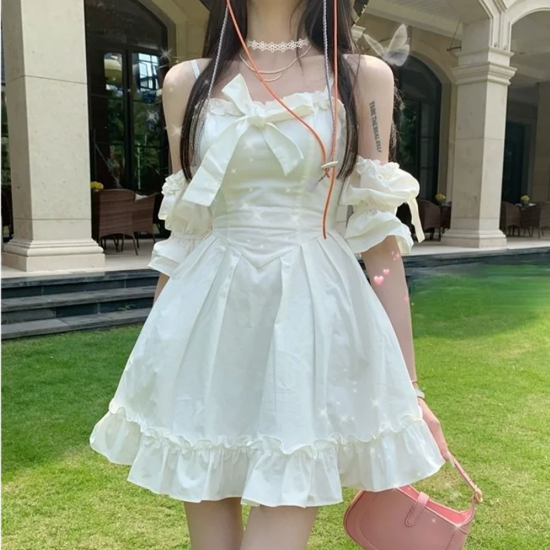 

White Kawaii Fairy Strap Dress Women Patchwork Off Shoulder Sexy Party Mini Dresses Bow Ruffle Sweet Cute Princess Sundress 2021