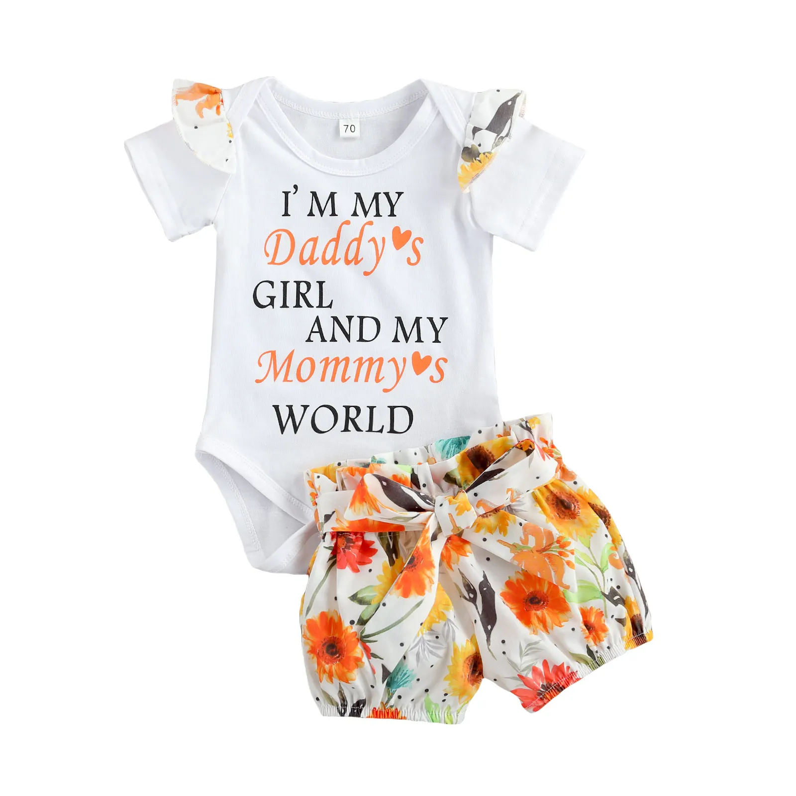 

2021 Baby Girls 2PCS Summer Outfits, Short Sleeve Letter Print Bodysuit + Floral Shorts Set