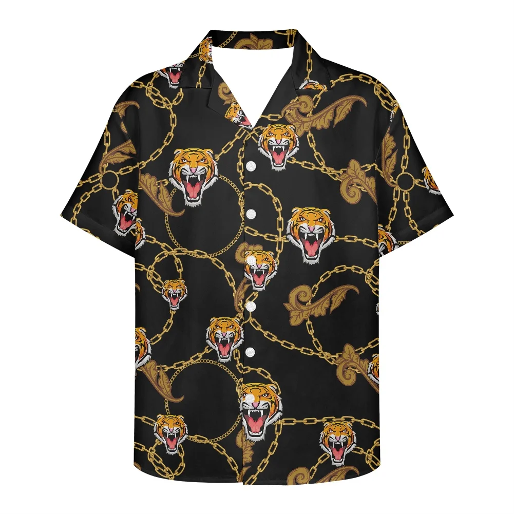 

3D Digital Print Men Summer Shirt Tiger Metal Chain Pattern Design Black Casual Holiday Beach Party Men 5xl Wedding Wear Shirt