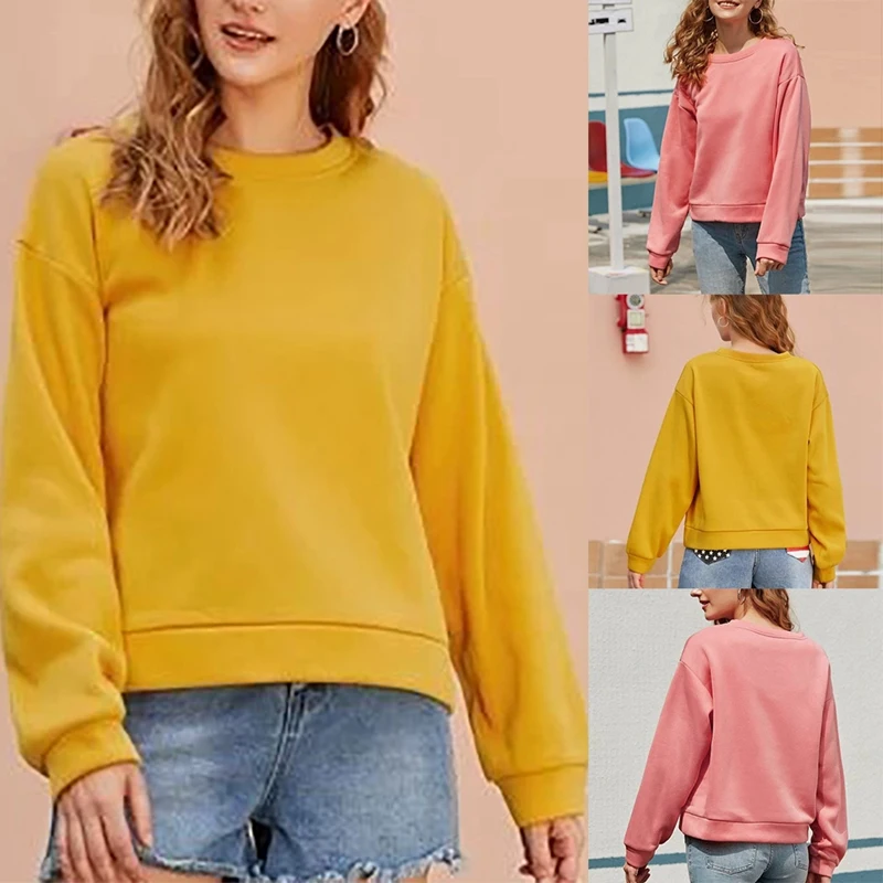 

Kili Pure Color Casual Sweatshirt Ladies Fall Loose Pullover Round Neck Fashion Top