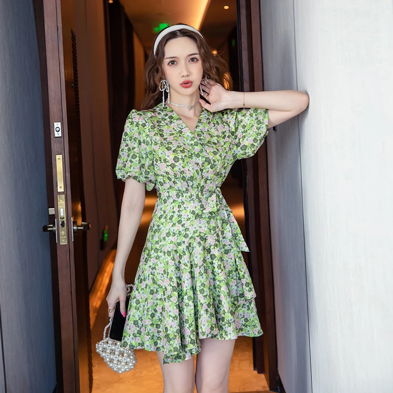 

Women 2021 Summer Fashion Floral Print Vintage Puff Short Sleeve Belt Mini Dress Woman Ruched Casual Dresses
