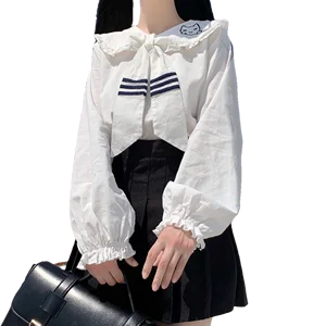 Женская рубашка в стиле Харадзюку, белая рубашка с вышивкой в виде любовного сердца и кота, с матросским воротником, для осени