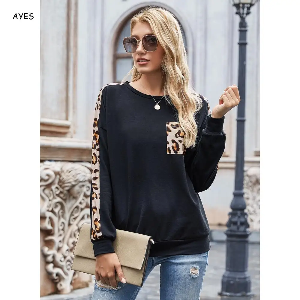 

2020 New Fashion T-Shirts Tops For Women Long Sleeve Leopard Print Patchwork Casual Tees Female Spring Daily Undershirts O Neck
