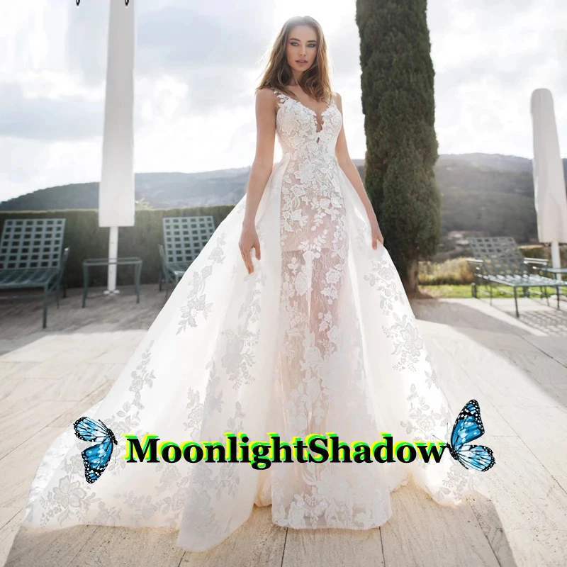 

Fabulous Detachable Train Lace Wedding Dresses Illusion Appliques Bodice Suknia Slubna Robe De Mariee Gelinlik Bridal Gown