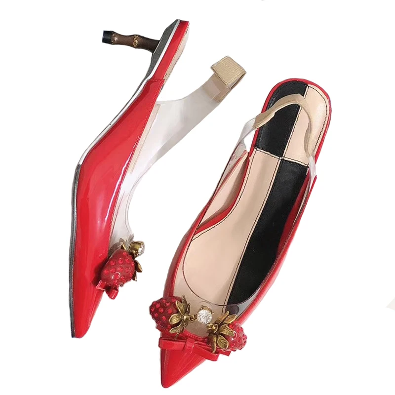

Strawberry Women Slingbacks Pumps Patent Leather Ladies Pointed Toe Sandals Red Pink Black Mid Heels Dress Wedding Shoes