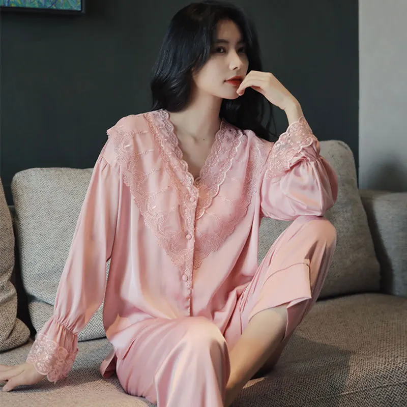 

2Pieces New Autumn Full Sleeve Trousers Solid White Pink Satin Pajamas Sets Free Shipping Silky Home Clothing Female