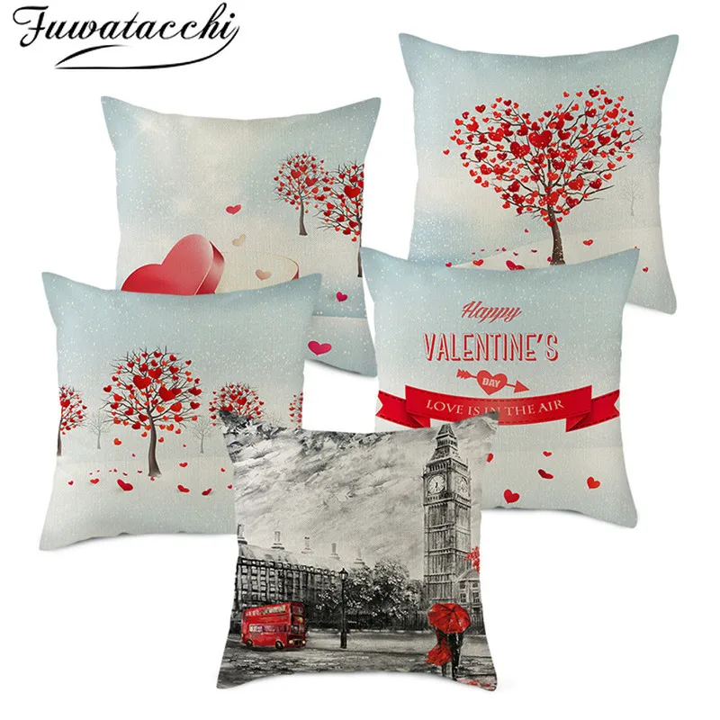 Чехол для подушки Fuwatacchi из чистого льна красная наволочка с узором в виде сердца