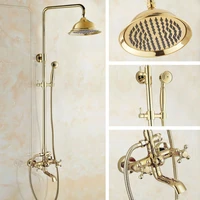 gold color brass two cross handles wall mounted bathroom rain shower head bath tub faucet set telephone shape hand spray mgf383