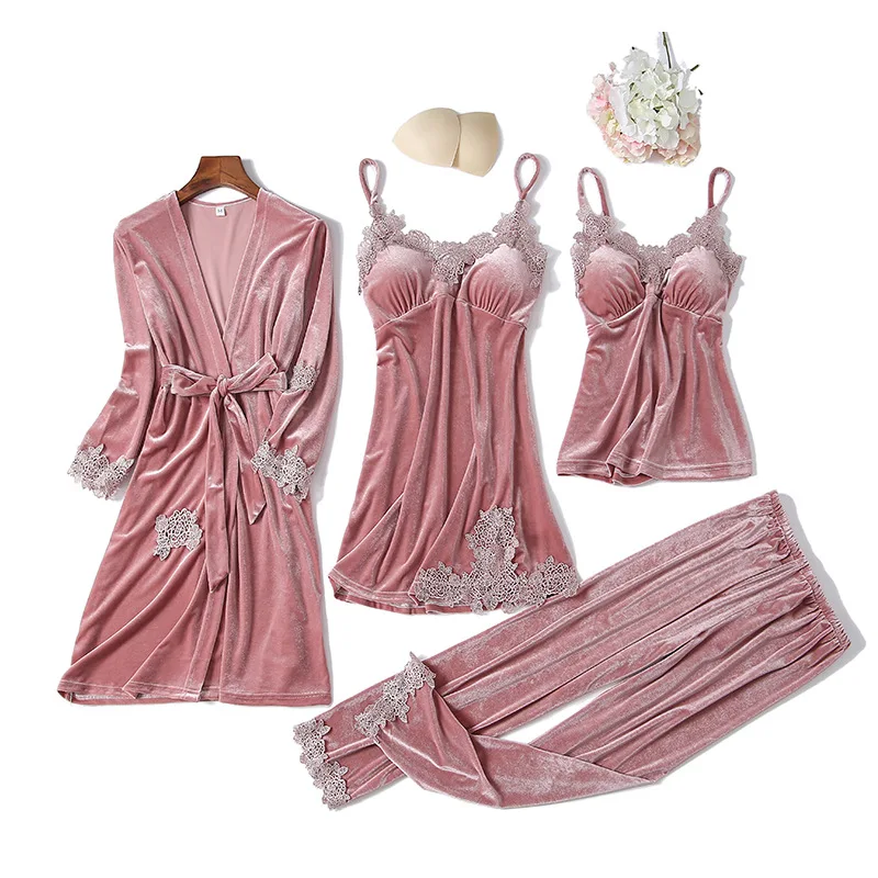 

Sexy Autumn Winter New Sleepwear Kimono Robe Set Intimate Lingerie Casual Lace Nightwear 4PCS Sleep Set Home Clothing Nightgown