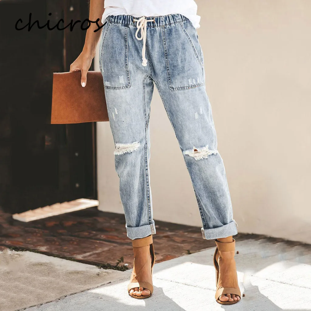 

Chicros Baggy Jeans Women Ripped Jeans for Women Denim Washed Do Old Straight Ripped MID Woman Jeans