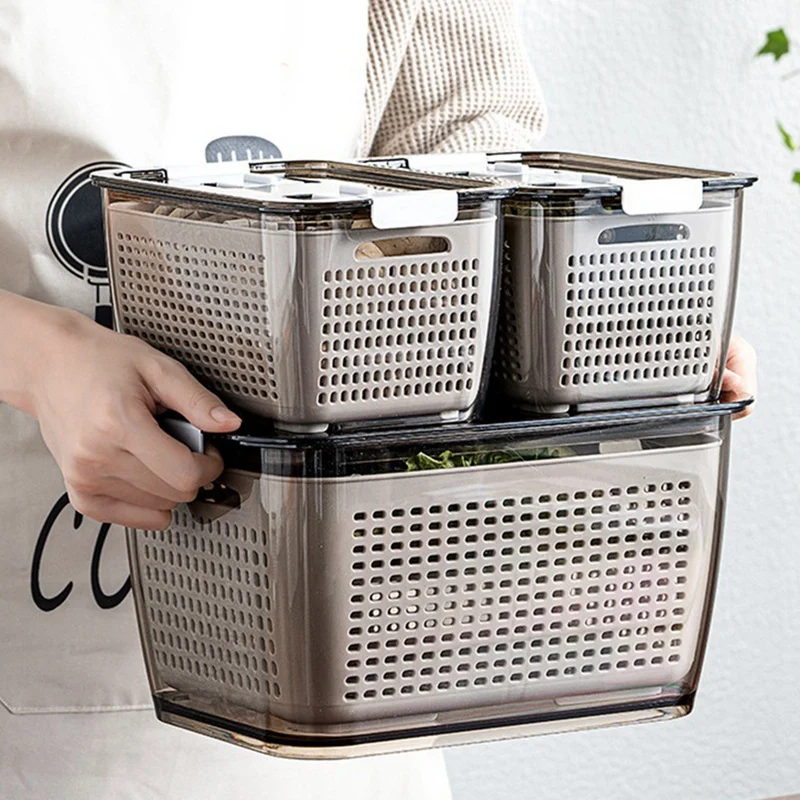 

Kitchen Plastic Storage Box,Fresh-Keeping Box,Refrigerator Fruit Vegetable Drain Crisper,Storage Containers with Lid