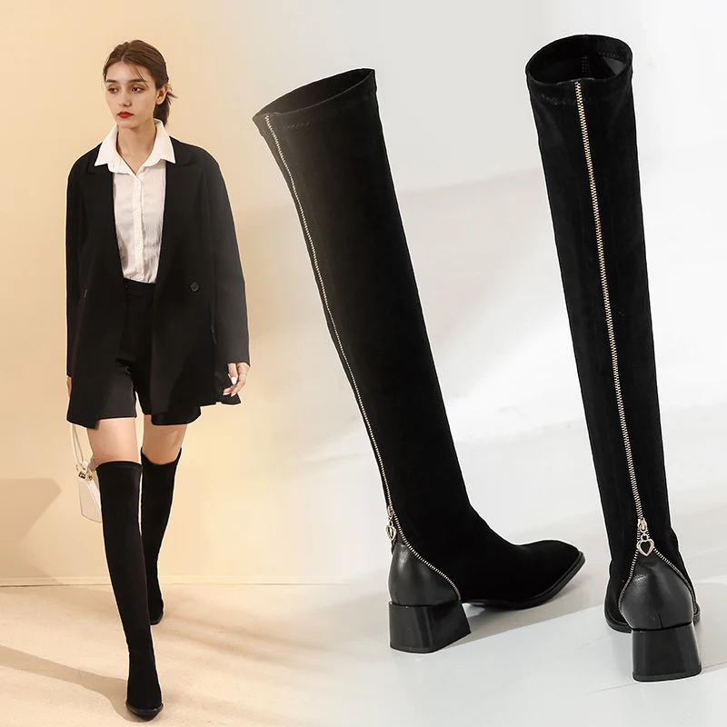 

Женские ботфорты из эластичной кожи, высокие сапоги до бедра на плоской подошве и низком каблуке, осенне-зимняя обувь, новинка 2021