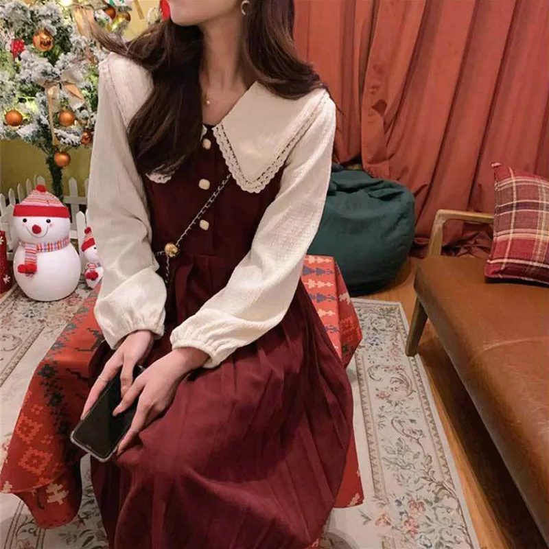 

Women Kawaii Casual One Piece Dress Korean 2021 Spring Sweet Preppy Style Peter Pan Collar Party Dress Y2k Elegant Vintage Dress