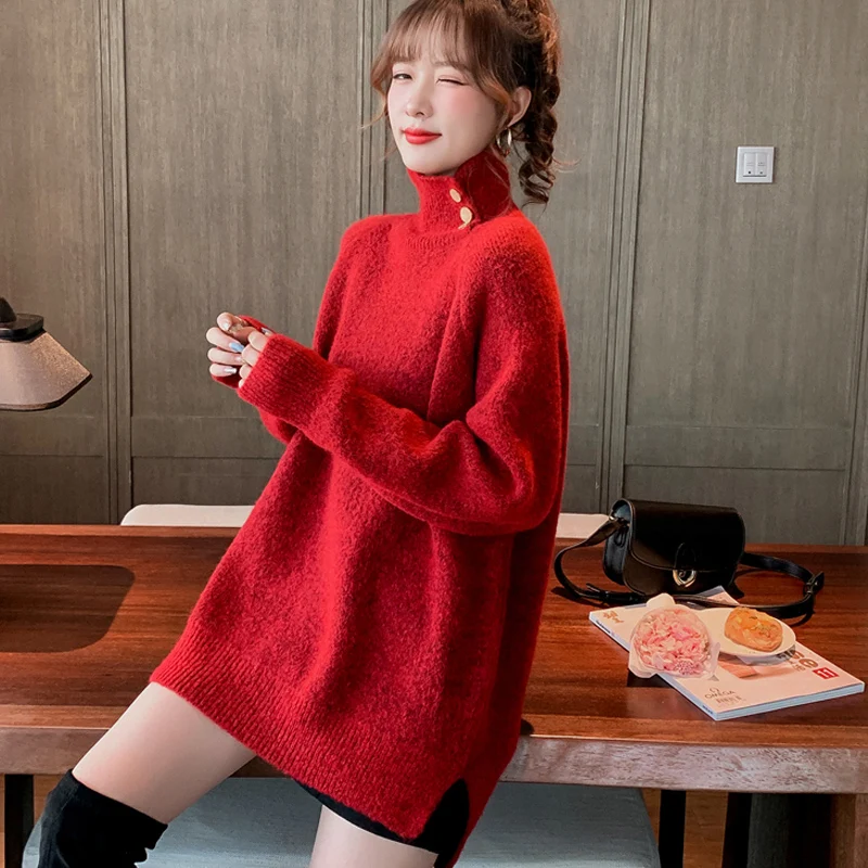 Зимние свободные пальто для беременных однотонные вязаные пуговицы Водолазка с