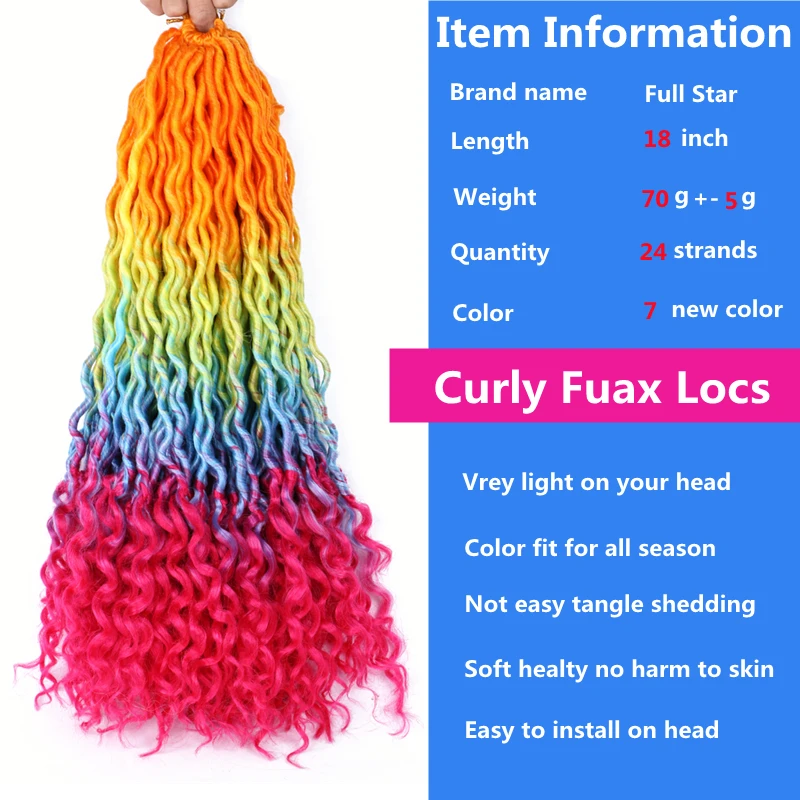 

Full Star 18 inch New Color Rainbow Curly Faux Locs for Women Crochet braid Soft No Tangle Shedding Synthetic Hair 24 Strands