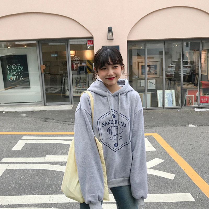 

2 colors 2019 autumn and winter korean style cartoon bread letter print thick hoodies womens sweatshirts and pullovers (F3831)