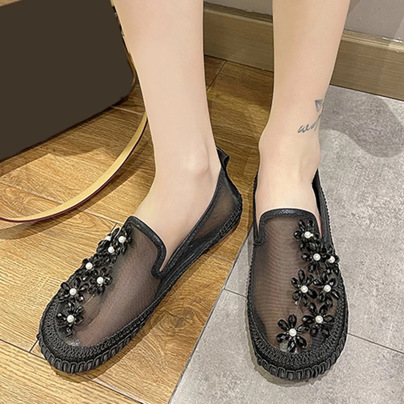

Lace Mesh Crystal Floral Loafers Shoes Women Comfort Breathable Summer Walking Shoes Woman Fashion Slip-on Ballet Flats