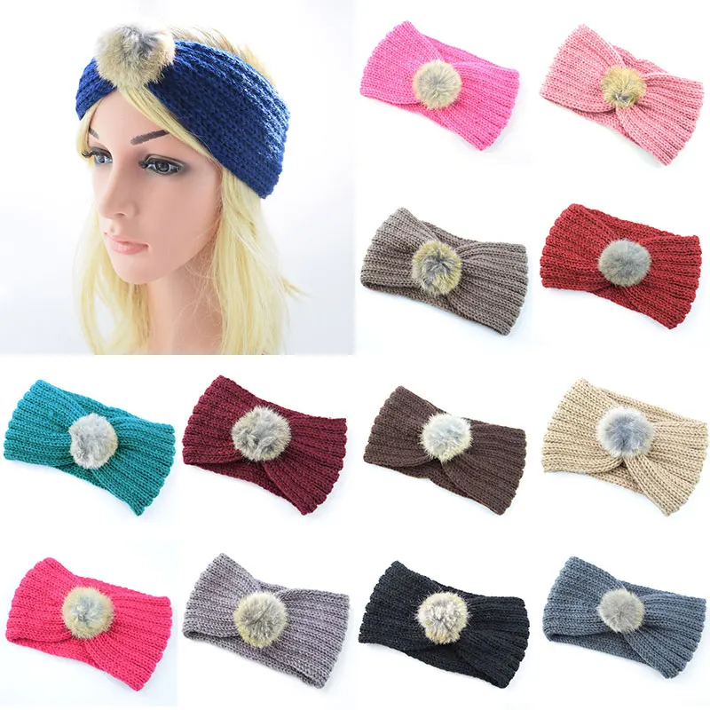

New Solid Crochet Knitting Headbands Winter Pompoms Hair Bands Women Cross Headbands Handmade Hairbands Hair Accessories