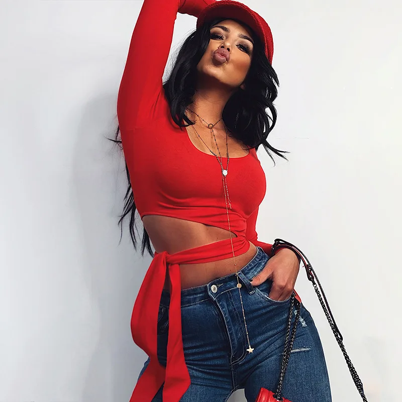 Сексуальная Женская футболка WHZHM с бантом длинным рукавом вырезами Клубная