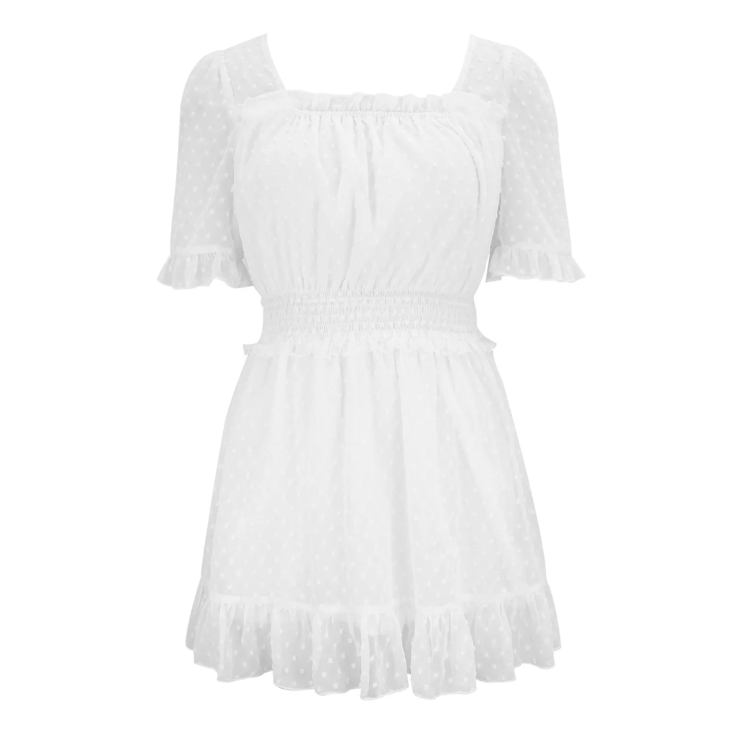 

Elegant Dress Women Lace Puff Sleeve Floral Print Dress Office Lady French Style Summer White Vintage Retro Dress Women 2020