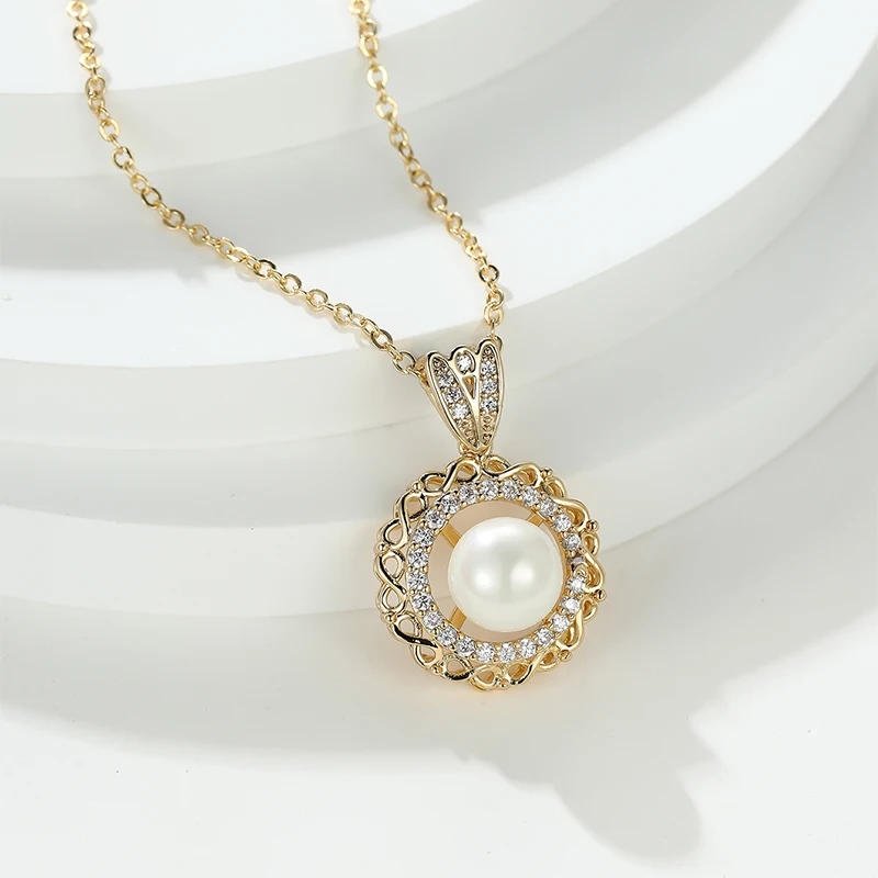 

Vintage Round Flower Pearl Pendant Necklace for Women Elegant Exquisite Zircon Pearl Clavice Chain Party Birthday Jewelry Gift