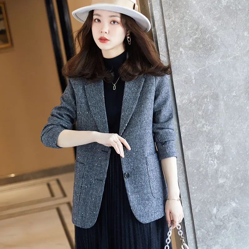 Boliyae Autumn and Winte New Women's Wool Coat Fashion Blends Blazer Sequins Long Sleeve Overcoat Female Slim Jacket Chic Tops | Женская