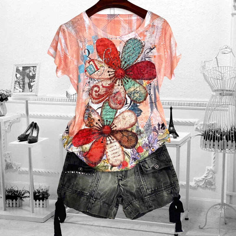 

Hot drilling floral print t shirt women 2021 summer top short sleeve graphic tees modis tshirt Loose tee shirt femme