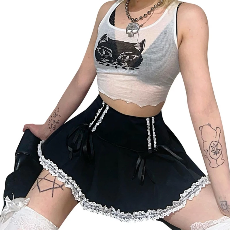 

Women Gothic Punk High Waist A-Line Black Mini Pleated Skirt Lace Patchwork Trim Bowknot Ruffles Hem Harajuku Streetwear J78E
