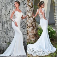 sexy mermaid wedding dresses long sleeves sheer lace appliques bridal gowns see through back with buttons simple sweep train