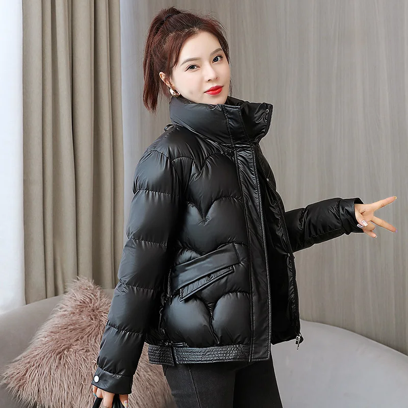 

Короткая блестящая зимняя куртка для женщин, однотонное шикарное пальто с воротником-стойкой и кулиской, женская модная верхняя одежда