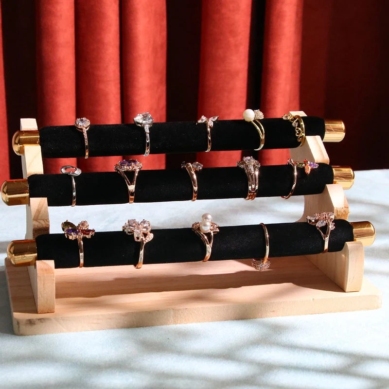 

3-Tier Wooden Jewelry Display Stand Ring Holder, T-Bar Jewelry Showcase Display Stand and Organizer