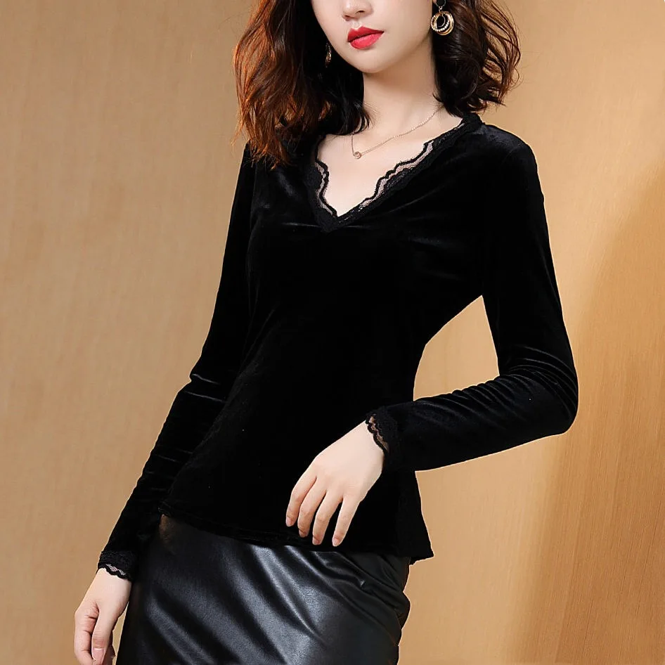 Женская бархатная футболка черная Повседневная велюровая с v-образным вырезом и