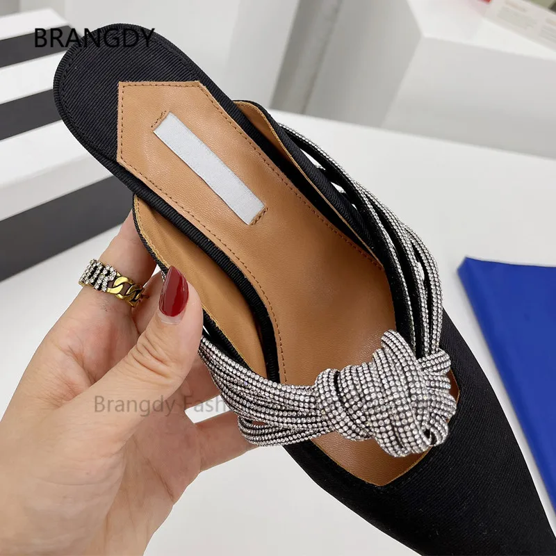 

2021 Crystal Embellished Mules Pointy Diamond Knotted Kitten Heel Slippers Women Party Banquet Wedding Shoes Sandalias Mujer