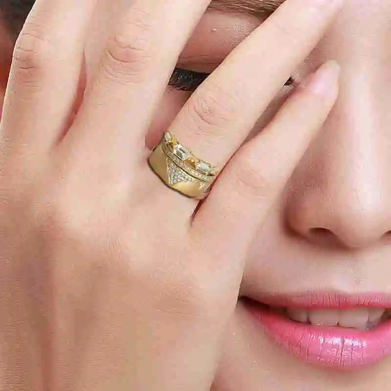 

New Fashion Luxury Gold Twist Set Zircon Square Three Piece Set Ring Female Party Engagement Wedding Jewelry