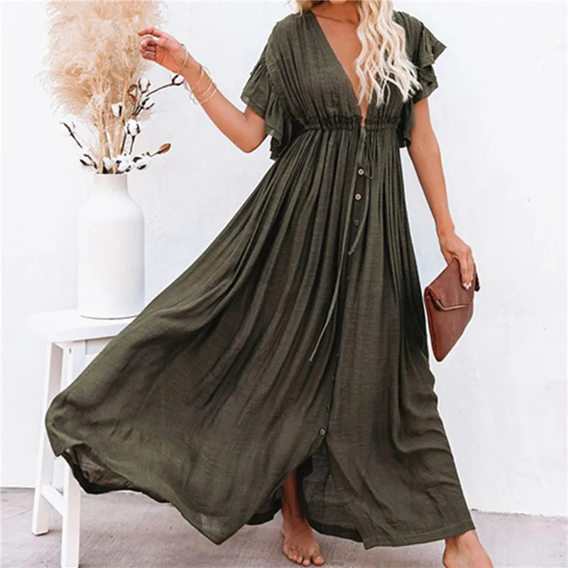

Loose Summer Dress Solid Color Beach Casual High Waist Female Drawstring Dress Sunscreen Short Sleeve Holiday Dress