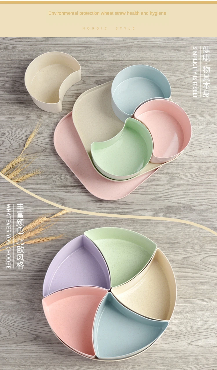 

Wheat Straw Dry Fruit Plate with Multi Grid Cover Candy Box Snack Plate Wedding New Year Fruit Plate Storage Containers