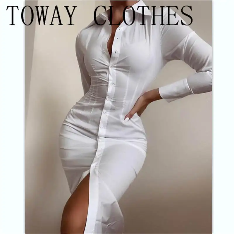 

Button Design Long Sleeve Skinny Shirt Dress Vodycon Dress Dresses For Women 2021