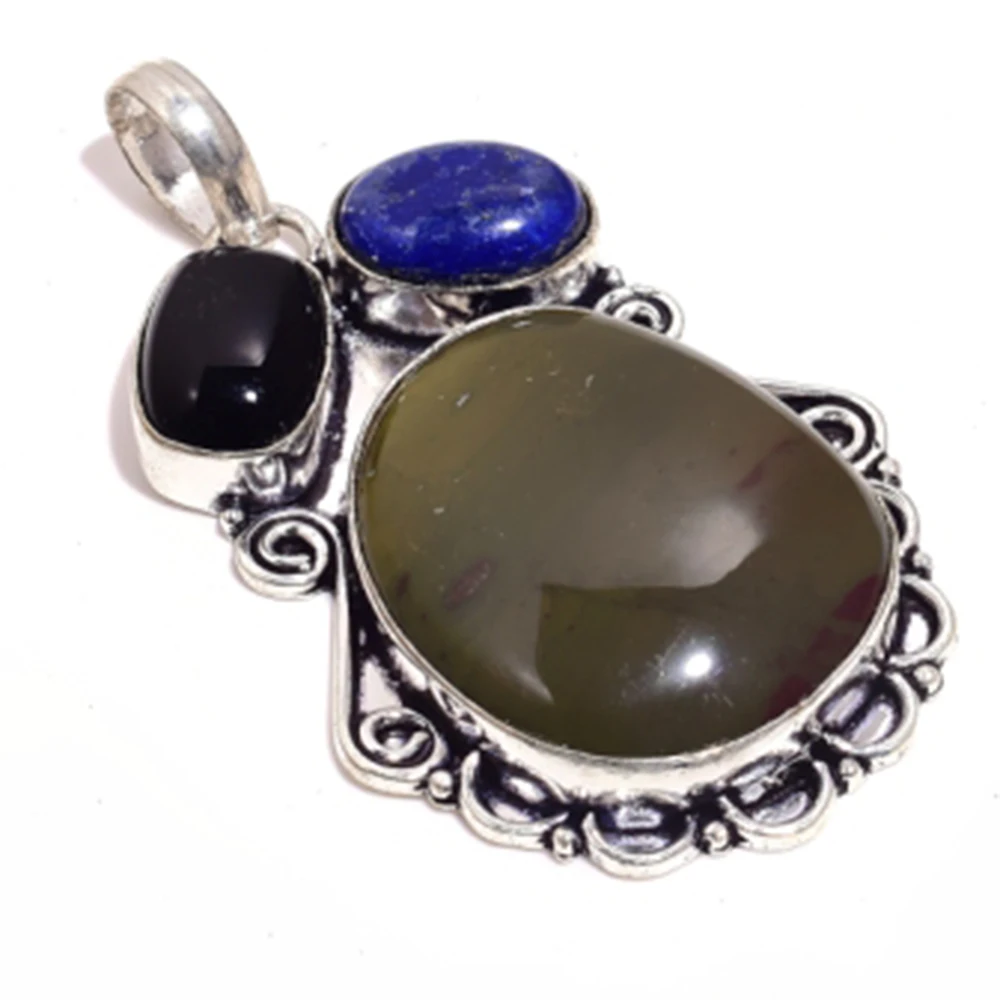 

Genuine Jasper + Lapis Lazuri Pendant Silver Overlay over Copper , Hand made Women Jewelry gift , P8633