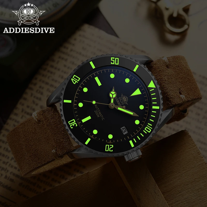 Мужские часы Addies Dive Новые автоматические в стиле ретро с коричневым ремешком