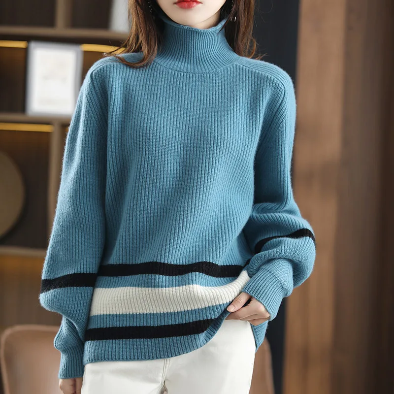 European Station Autumn Winter New Pure Wool Women's Sweater Thick Long-Sleeved Turtleneck Pullover Plus Size Loose Knitting Top