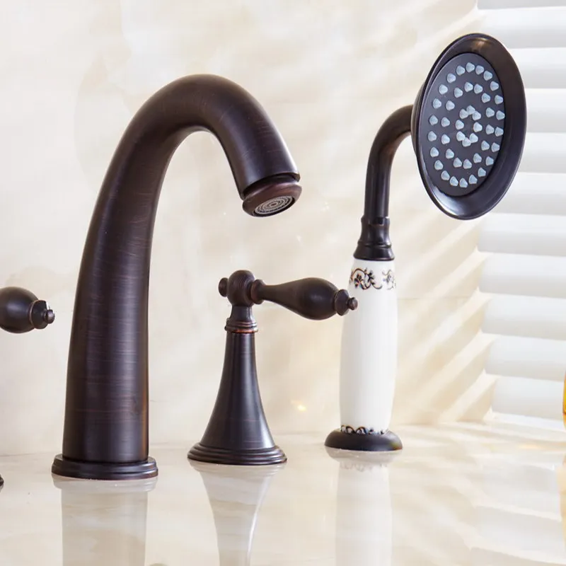 Oil Rubbed Bronze Bathroom Bathtub Faucet Basin Deck Mounted Handheld Tub Mixer Tap Cold Hot Water Hand Shower | Обустройство дома
