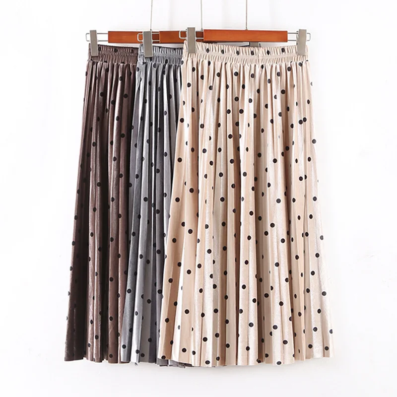 Женская плиссированная юбка в горошек золотистого цвета длинная с высокой
