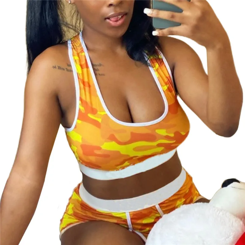 

Комплект из 2 предметов, Женский комплект из двух предметов, камуфляжный принт, укороченный топ, шорты, спортивная одежда для отдыха, домашня...